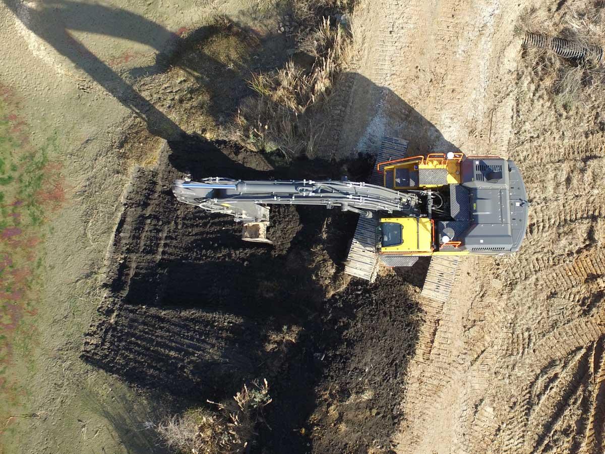 Aerial view of excavator with machine control